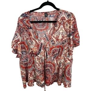 SHEIN CURVE Flowy Rust Blue Boho Top Short Flutter Sleeve V-Neck Blouse 3XL